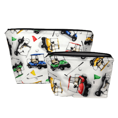 two zippered travel bags with golf motiff on a white background
