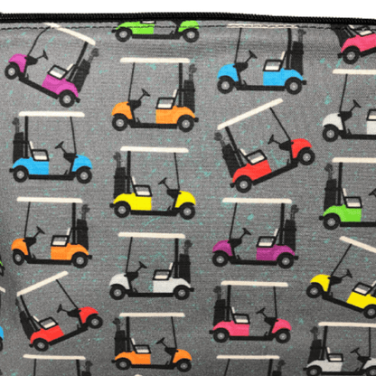 colorful golf carts with gray and blue speckled background