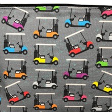 Load image into Gallery viewer, colorful golf carts with gray and blue speckled background
