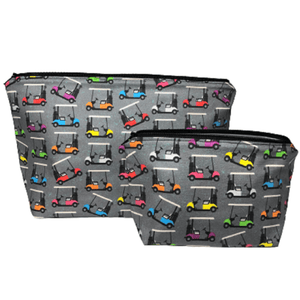 two gray zippered bags with colorful golf carts