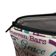 Load image into Gallery viewer, gymnastics makeup bag with black zipper and gray vinyl interior
