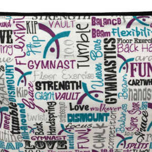 gymnastics fabric with gymnast terms printed in black, purple, and teal in varying fonts