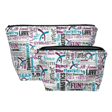 Load image into Gallery viewer, gymnast makeup bag set with gymnastics terms such as balance beam, flexibility, tumble, back handspring, and cartwheel in purple, black, and teal
