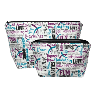 gymnast makeup bag set with gymnastics terms such as balance beam, flexibility, tumble, back handspring, and cartwheel in purple, black, and teal
