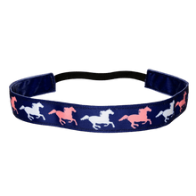 Load image into Gallery viewer, navy blue horse headband with white and pink horses
