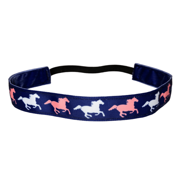 navy blue horse headband with white and pink horses