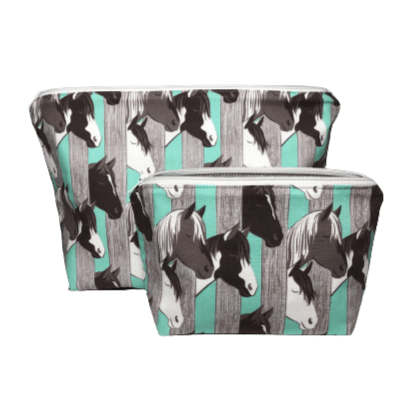 set of aqua and gray horse themed makeup bags