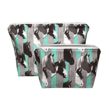 Load image into Gallery viewer, set of aqua and gray horse themed makeup bags
