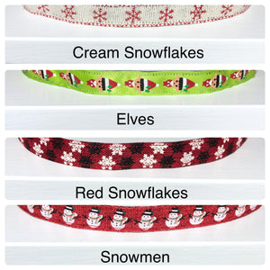 holiday headband samples of cream snowflakes, elves, red snowflakes and snowmen