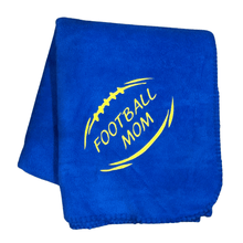 Load image into Gallery viewer, royal blue football mom blanket with yellow stitching and outline of football
