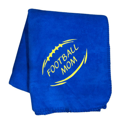 royal blue football mom blanket with yellow stitching and outline of football
