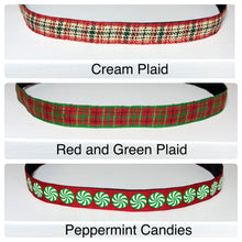 Load image into Gallery viewer, thin christmas headband samples of cream plaid, red and green plaid, and peppermint candies
