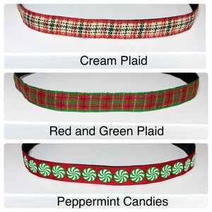 thin christmas headband samples of cream plaid, red and green plaid, and peppermint candies