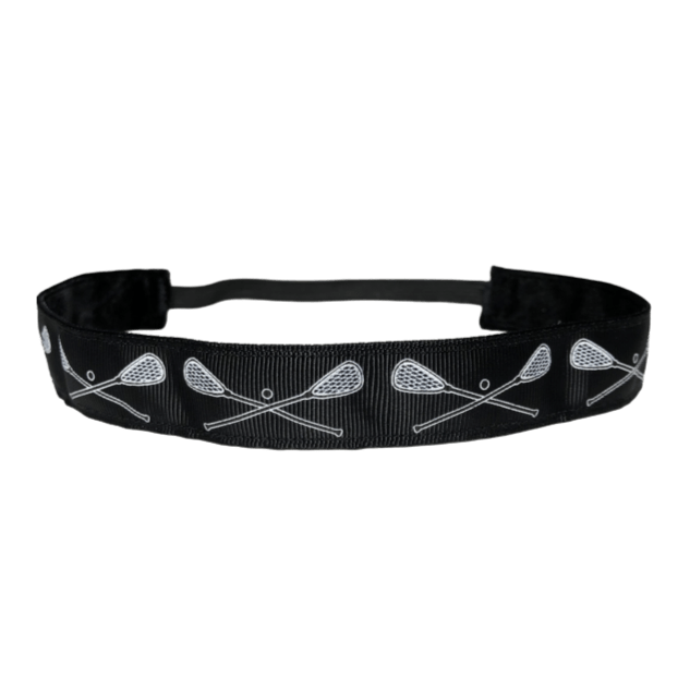 black lacrosse headband with crossing lacrosse sticks