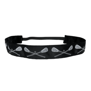 black lacrosse headband with crossing lacrosse sticks