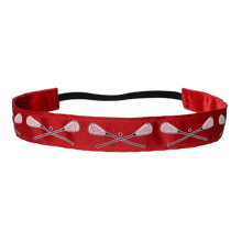 Load image into Gallery viewer, red lacrosse headband with white lacrosse sticks
