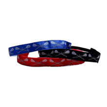 Load image into Gallery viewer, pile of lacrosse headbands in blue, black and red
