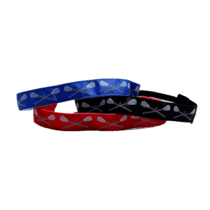 pile of lacrosse headbands in blue, black and red
