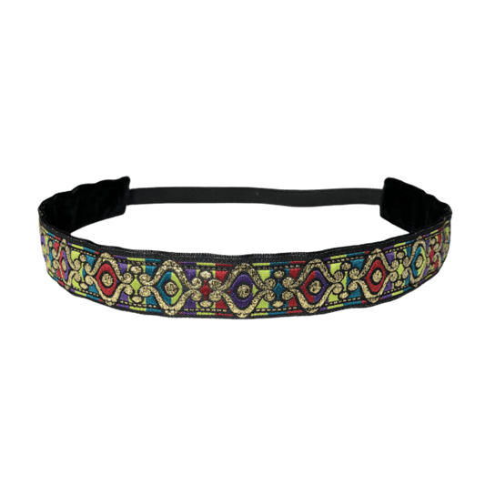 metallic headband in jewel tones of green, teal, purple, red, and gold