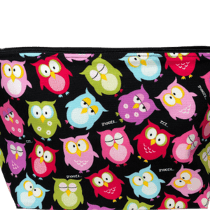 zipper bag with pastel colored cartoon sleepy owls