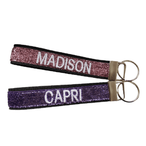rose gold and purple personalized keychains with names embroidered