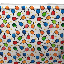 Load image into Gallery viewer, zippered bag with red, blue, green, and orange pickleball paddles and yellow pickleball fabric with white background
