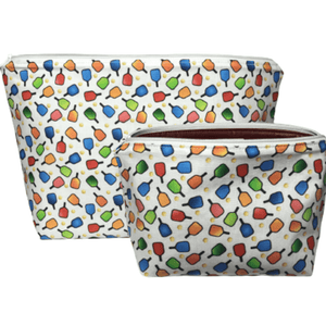 set of pickleball makeup bags with colorful pickleball paddle pattern