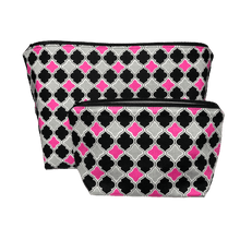Load image into Gallery viewer, one large and one small pink, black, and gray geometric patterned makeup bags
