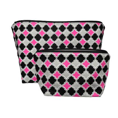 one large and one small pink, black, and gray geometric patterned makeup bags