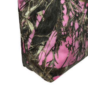 side of pink camo makeup bag showing boxed out bottom