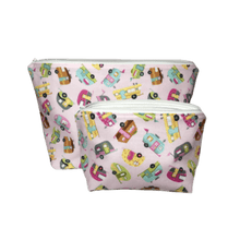 Load image into Gallery viewer, retro campers with pink background makeup bag set
