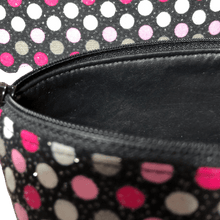 Load image into Gallery viewer, polka dot makeup bag with black zipper and vinyl lining
