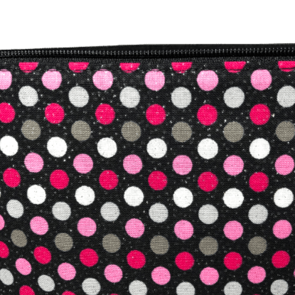 black glitter fabric with pink, white and gray polka dots