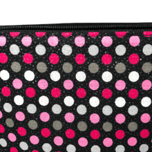 Load image into Gallery viewer, black glitter fabric with pink, white and gray polka dots
