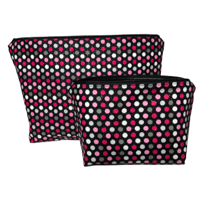 set of two glittery, polka dot makeup bags in pink, black, white, and gray 