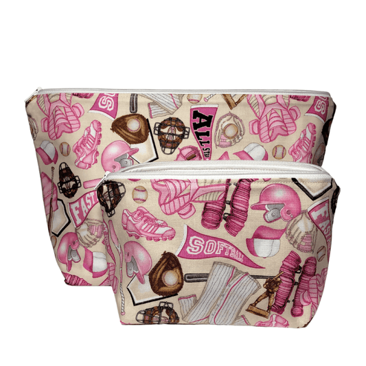 pink softball themed set of makeup bags