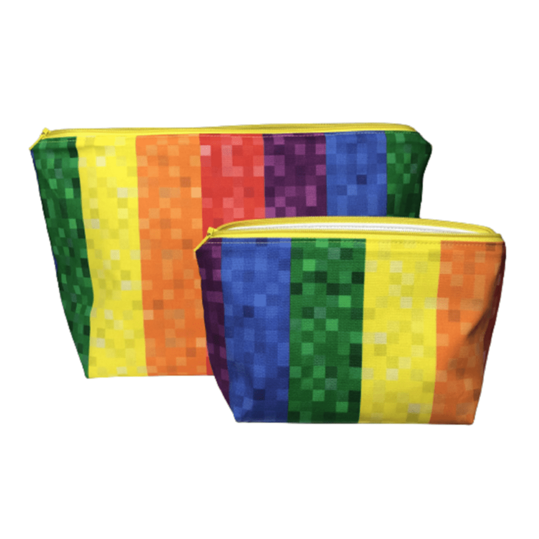 set of two rainbow makeup bags with pixelated coloring