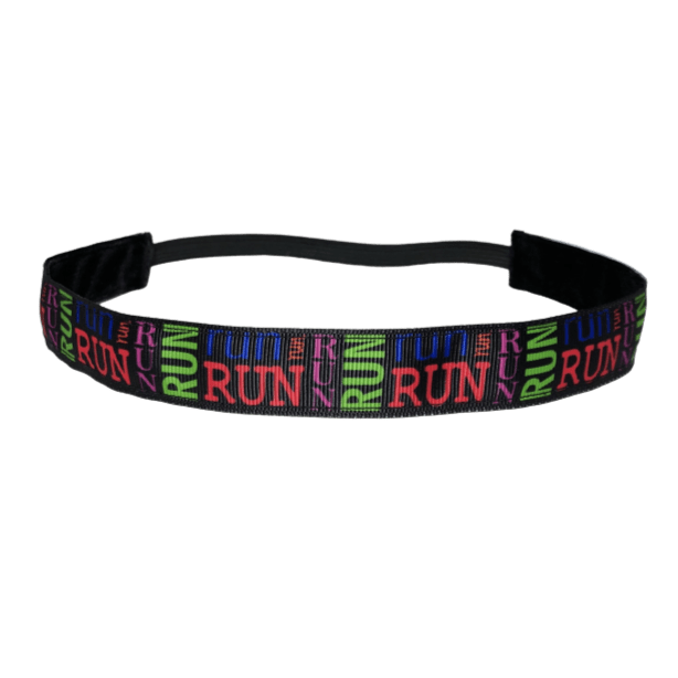 running headband with the word run in different colors and layout across the headband