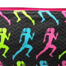 Load image into Gallery viewer, lime green, blue, and hot pink woman in a running position with a black and gray wavy background
