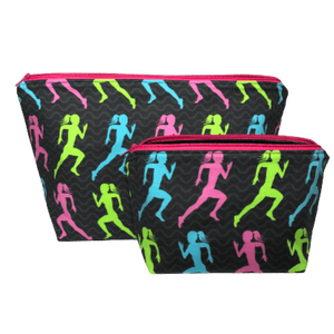 two small bags with blue, pink, and lime green silhouettes of woman running with black background and hot pink zipper