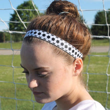 Load image into Gallery viewer, sporty girl accessories black and white soccer headband with glittery soccer ball pattern
