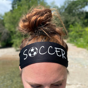 black soccer headband with soccer ball as the O in soccer