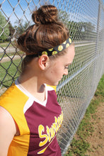 Load image into Gallery viewer, girl leaning on a fence wearing a softball jersey and black softball headband with her hair in a topknot
