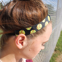 Load image into Gallery viewer, girl wearing black softball headband with yellow softballs
