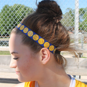 blue softball headband with yellow glittery softballs on model