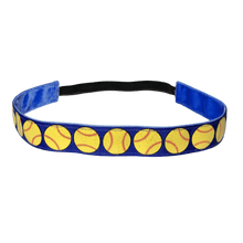 Load image into Gallery viewer, blue softball headband with yellow glitter softballs
