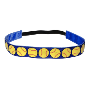 blue softball headband with yellow glitter softballs