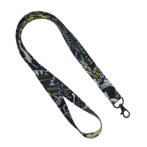 black softball lanyard with white and gold softball phrases and images