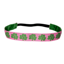 Load image into Gallery viewer, pink st patricks day headband with green shamrocks
