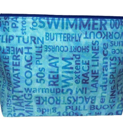 light blue swim fabric with swim related words in dark blue like butterfly, relay, lane lines, backstroke